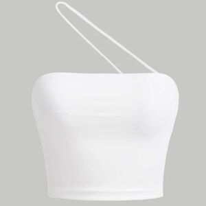 One Shoulder Spaghetti Strap Basic Crop Top- White, Size M